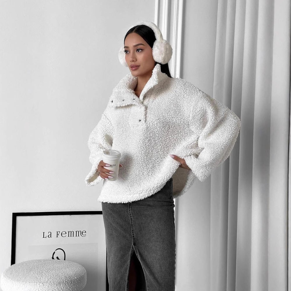 Damen Oversized Teddy-Pullover mit halber Druckknopfleiste und Stehkragen Chichicherry