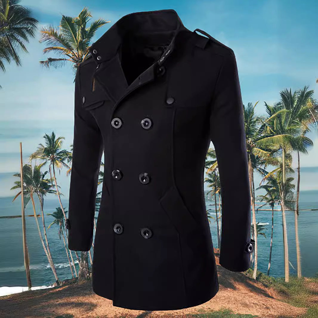 Men's Double-Breasted Peacoat with Stand Collar, Shoulder Straps, and Tailored Silhouette Chichicherry