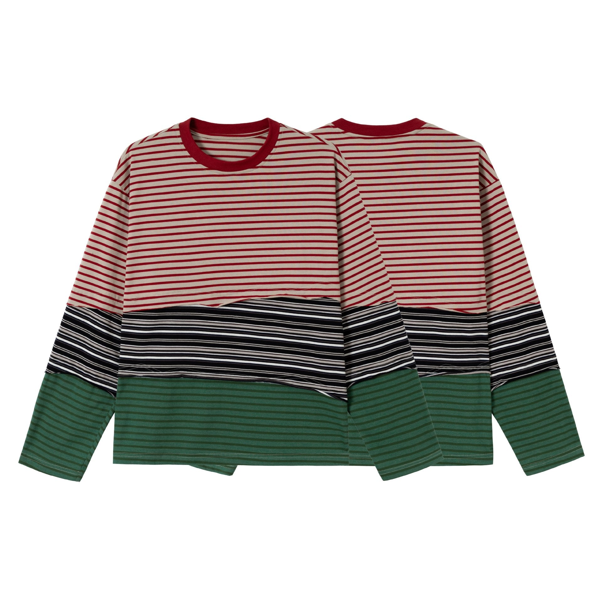 Women's Striped Long Sleeve Cropped Shirt with Color Block and Round Neck