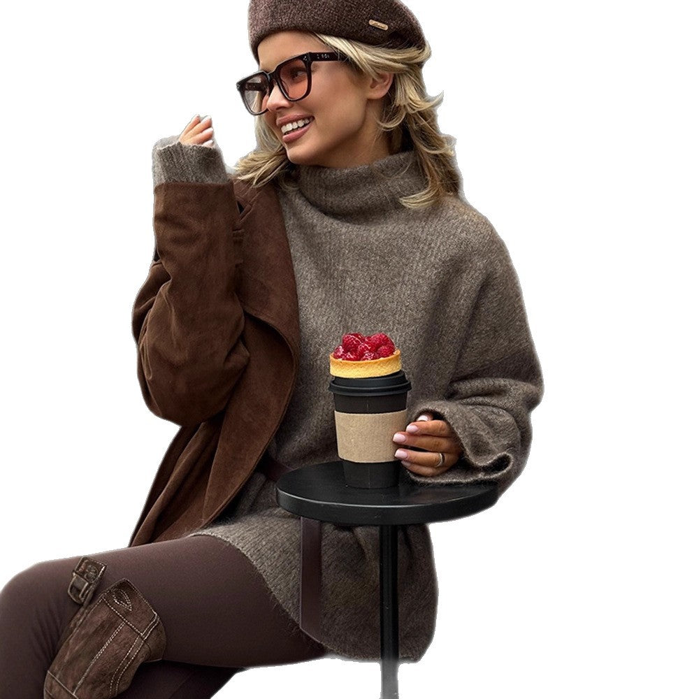 Women Oversize Mohair-Mix Roll-neck Sweater Dress with Balloon Sleeves and Waist Belt Chichicherry