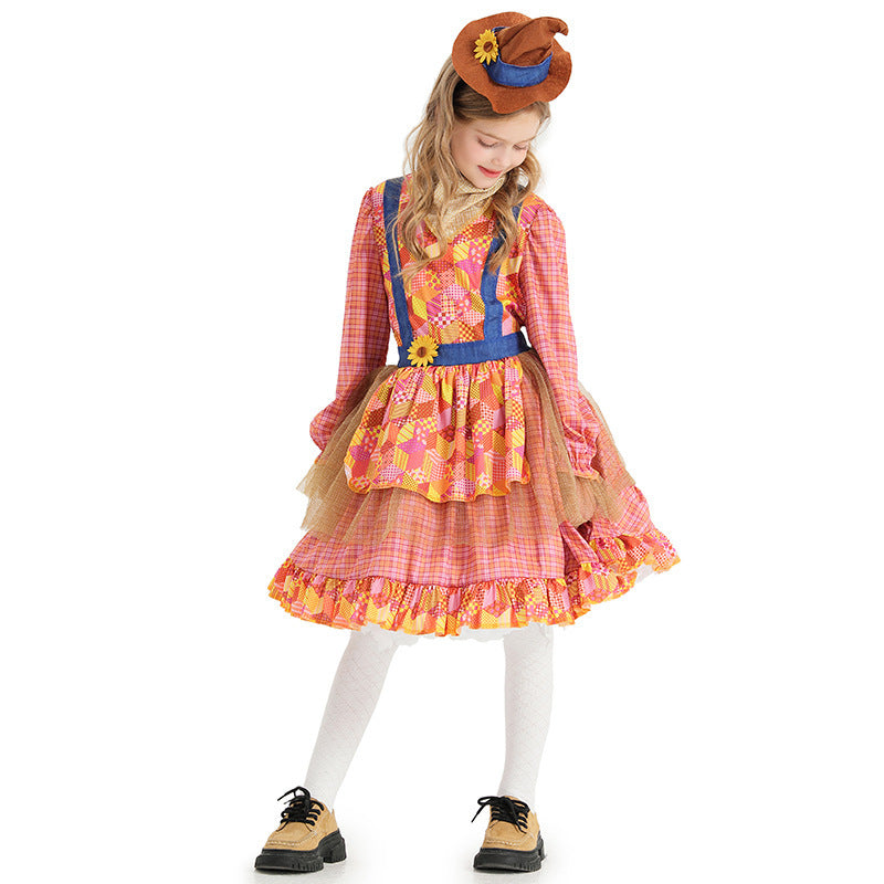 Girl Scarecrow Costume with Colorful Checkered Pattern and Stiff Hat Chichicherry