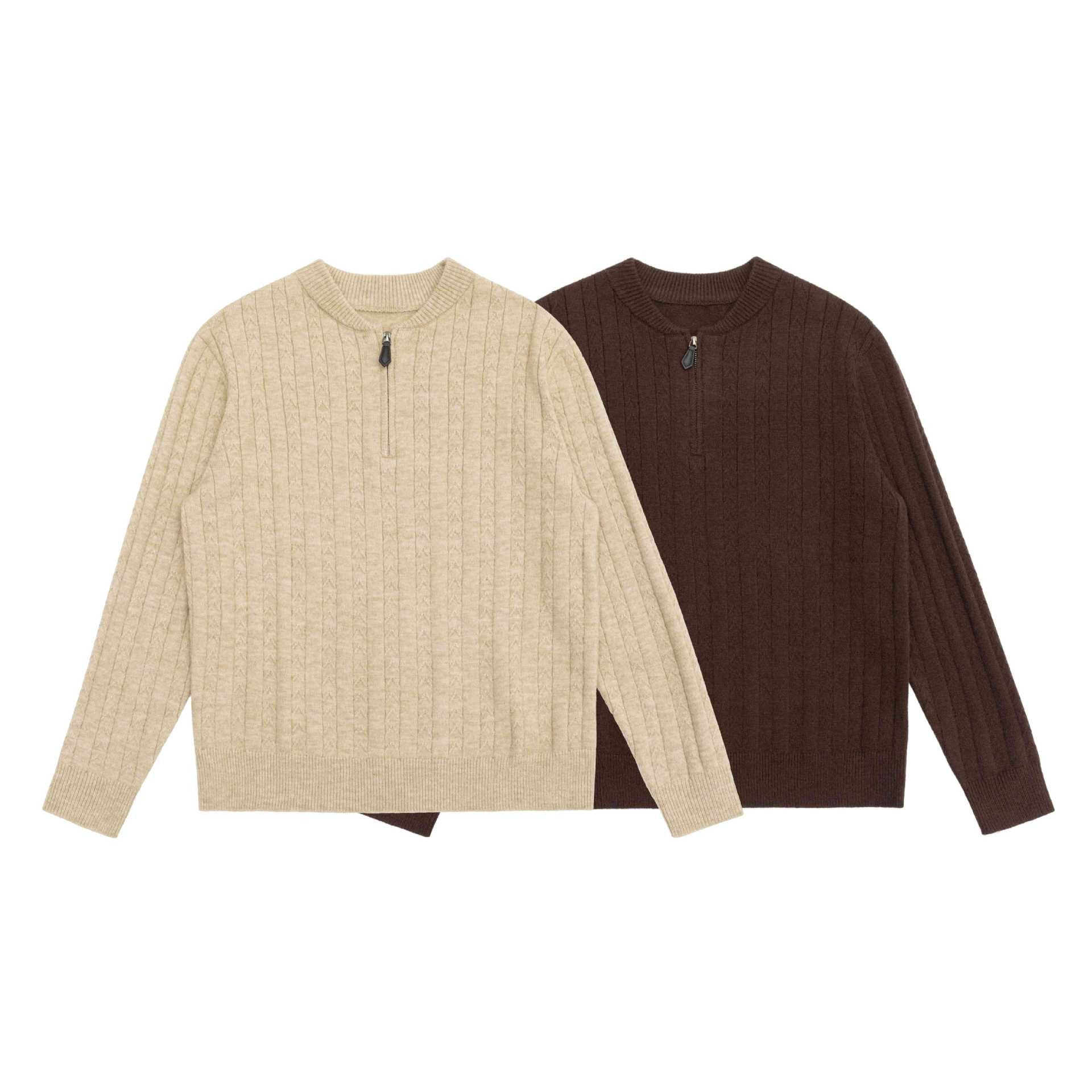 Men's Cable Knit Half Zip Sweater with Stand Collar and Ribbed Hem Chichicherry