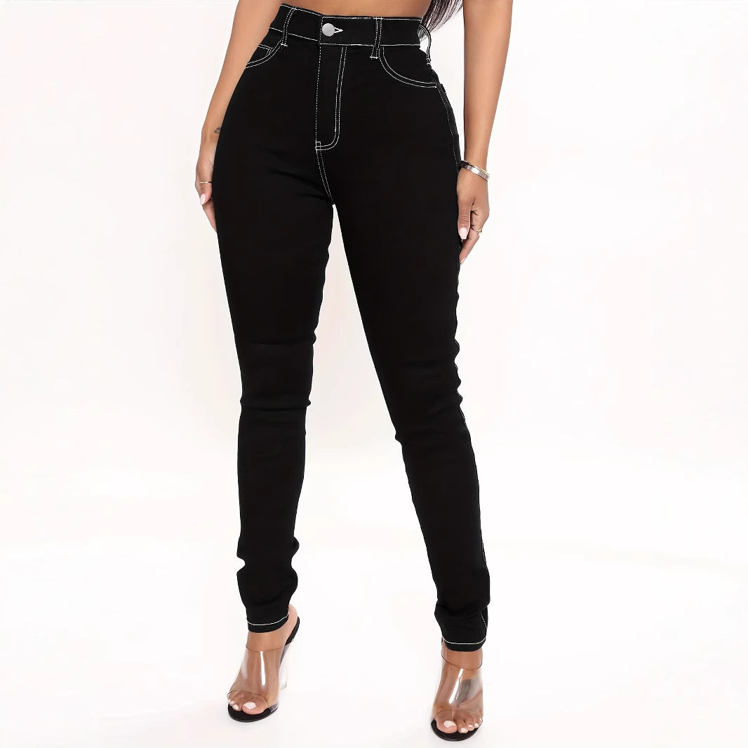 Women's High-Cut Sculpting Skinny Jeans with Contrasted Seam Design and Butterfly Embroidery Chichicherry