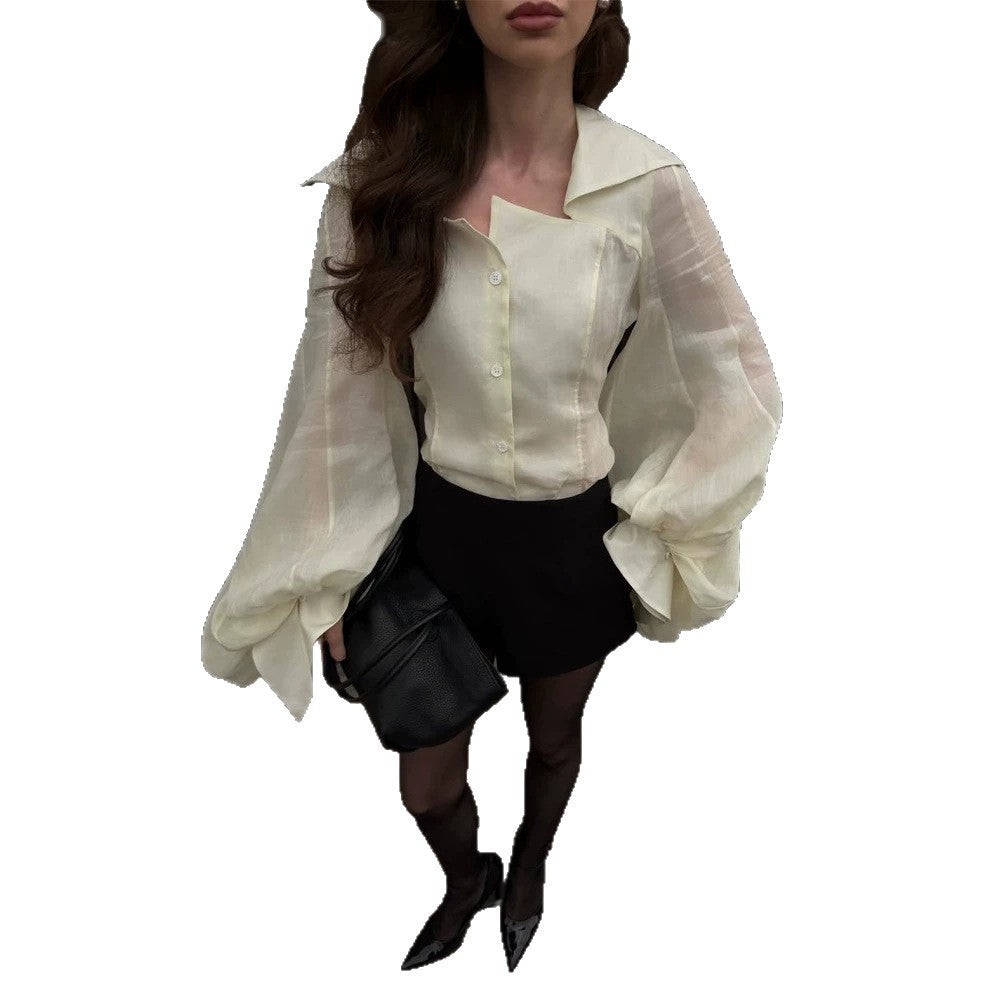 Women's Transparent Blouse Top with Tailored Corset Look and Voluminous Balloon Sleeves Chichicherry