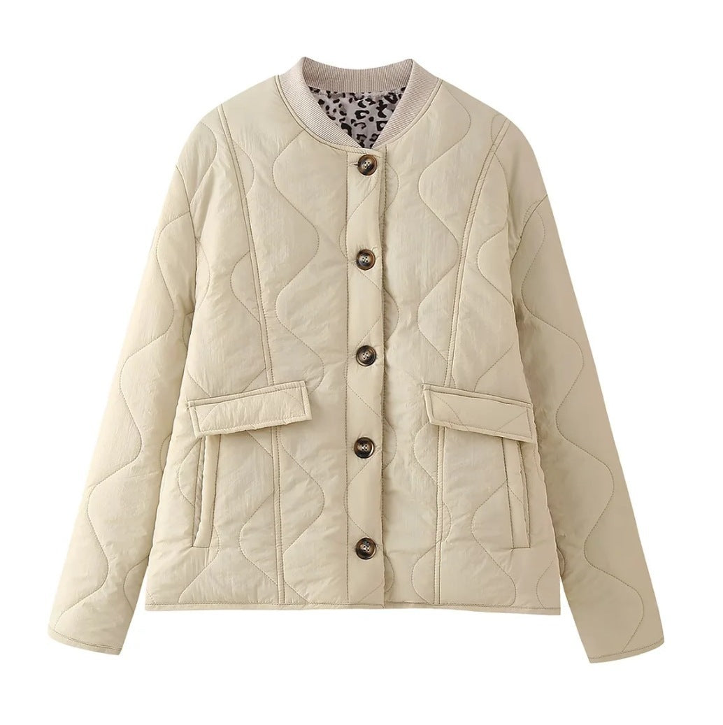 Women Padded Quilted Jacket in Boxy Cut with Round Neckline and Applied Pockets Chichicherry