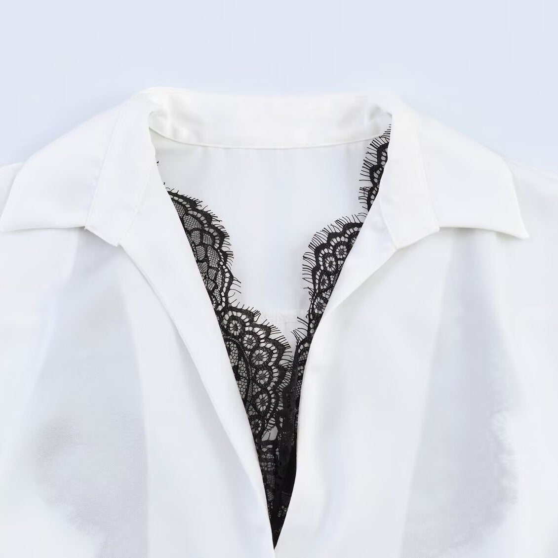 Women's Silky Oversized Blouse with Lace Insert and Shirt Collar Chichicherry