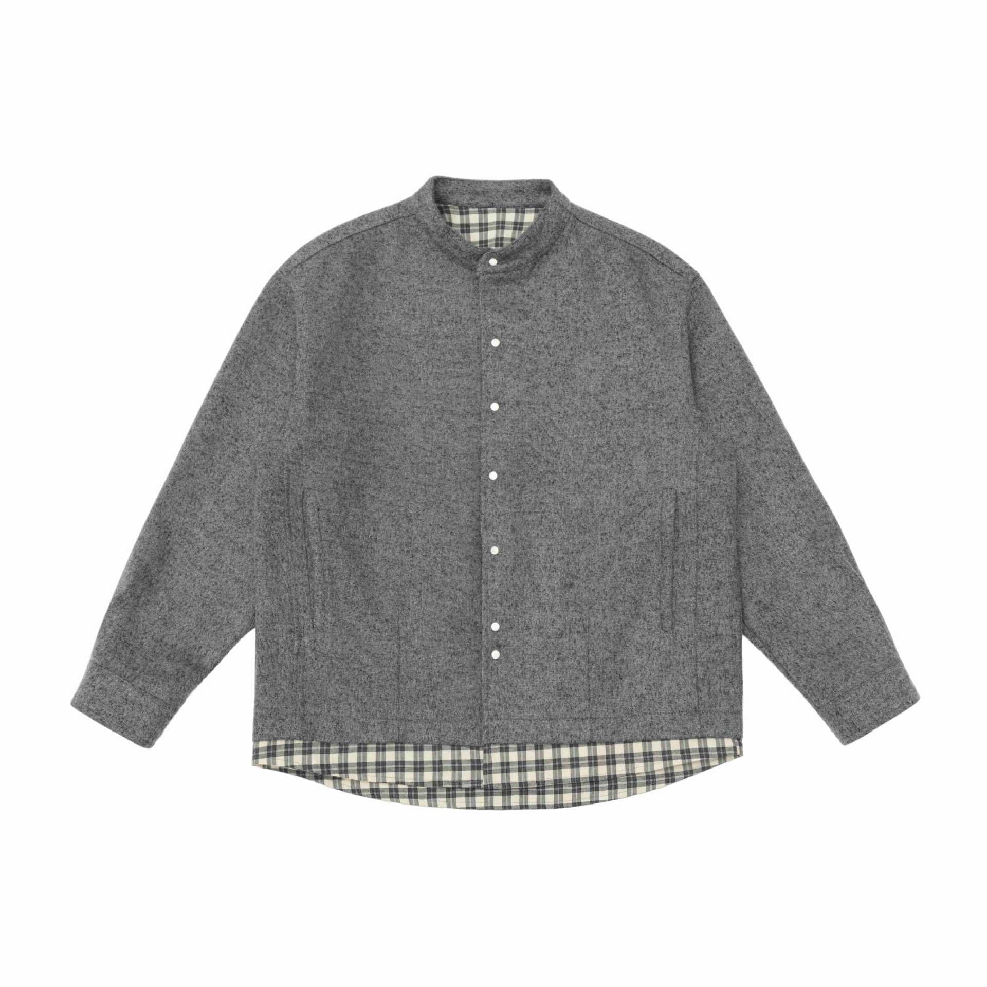 Unisex Short Cut Wool Blend Blouson with Stand-Up Collar and Checked Interior Band Chichicherry