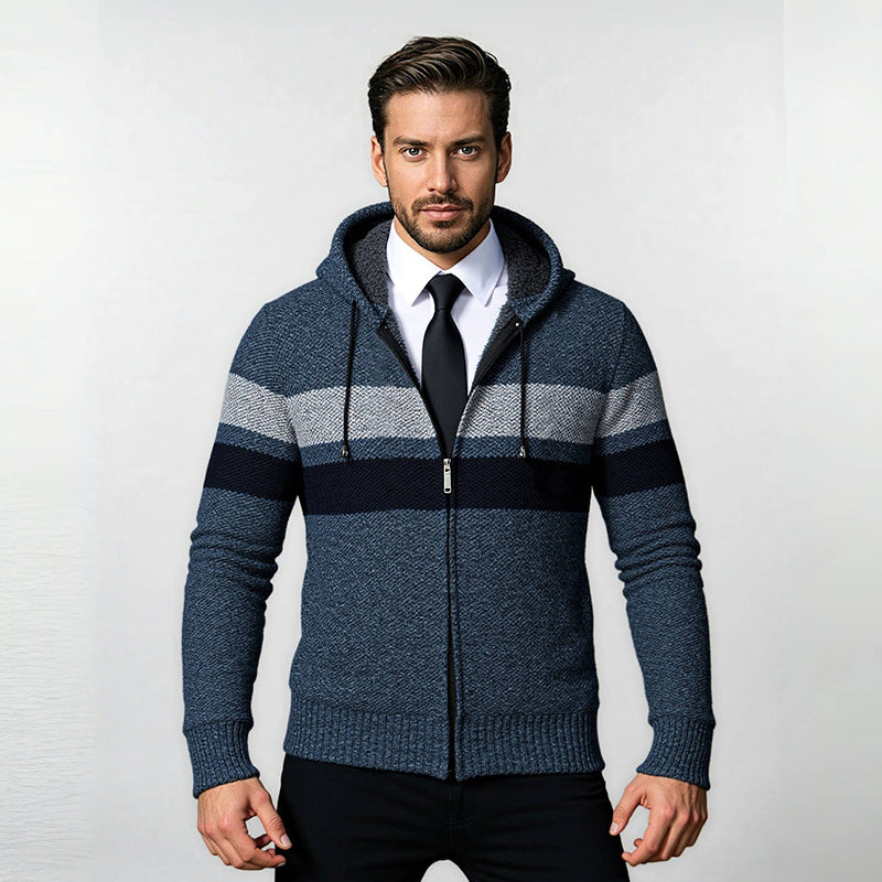 Men's Structured Hooded Cardigan with Contrast Stripes and Full Zip Chichicherry