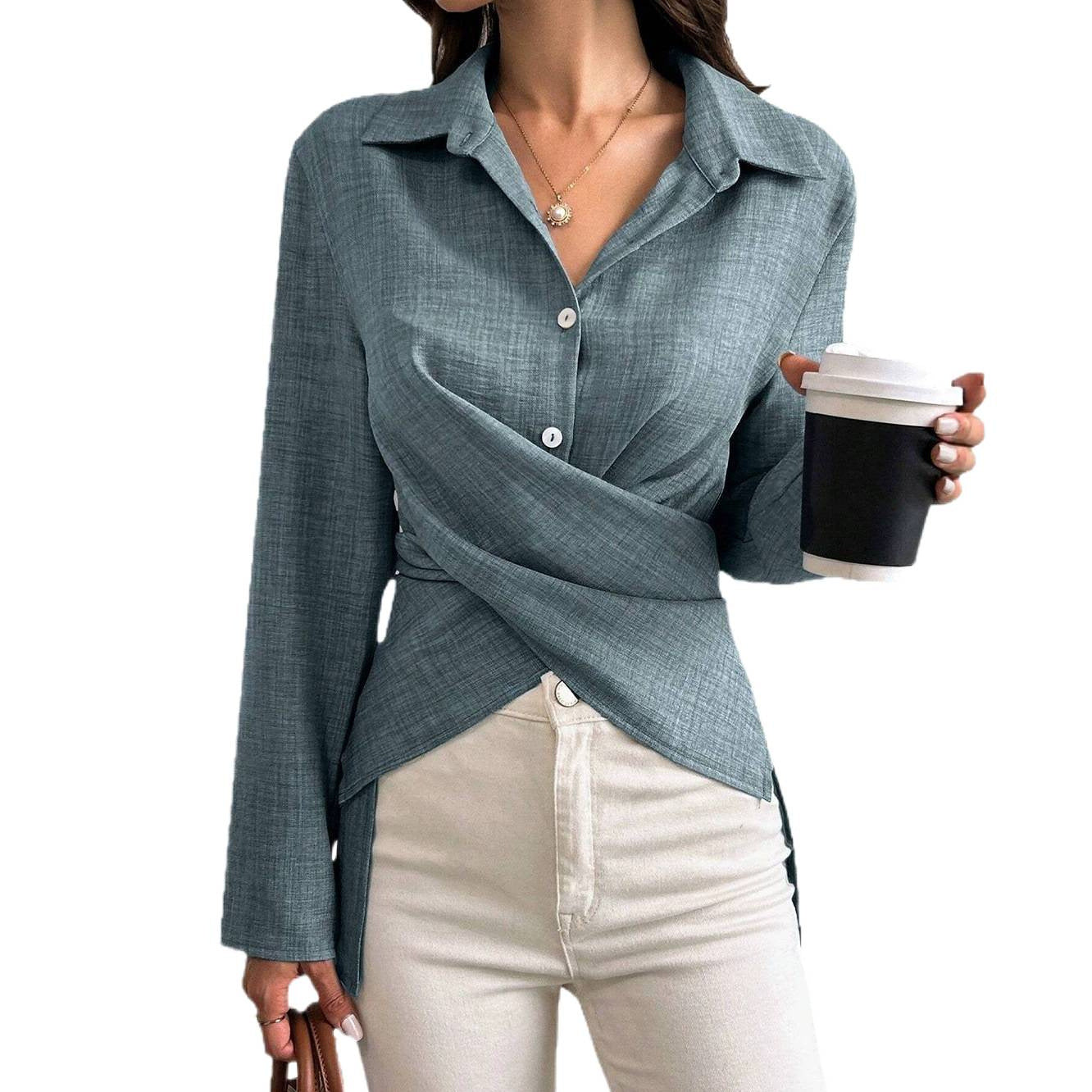 Women's wrap blouse with shirt collar, asymmetrical hem, and side slits Chichicherry