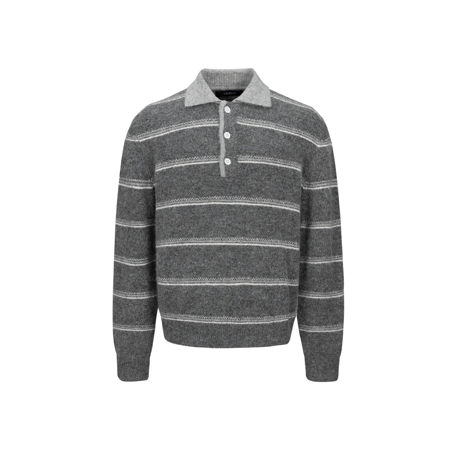 Men's Chunky Knit Polo Collar Sweater with Half Button Placket and Striped Structure Chichicherry