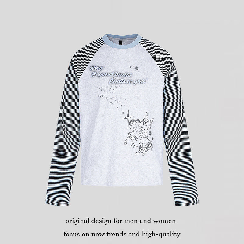 Women's raglan long sleeve shirt in astral motif with fine striped sleeves and relief print Chichicherry
