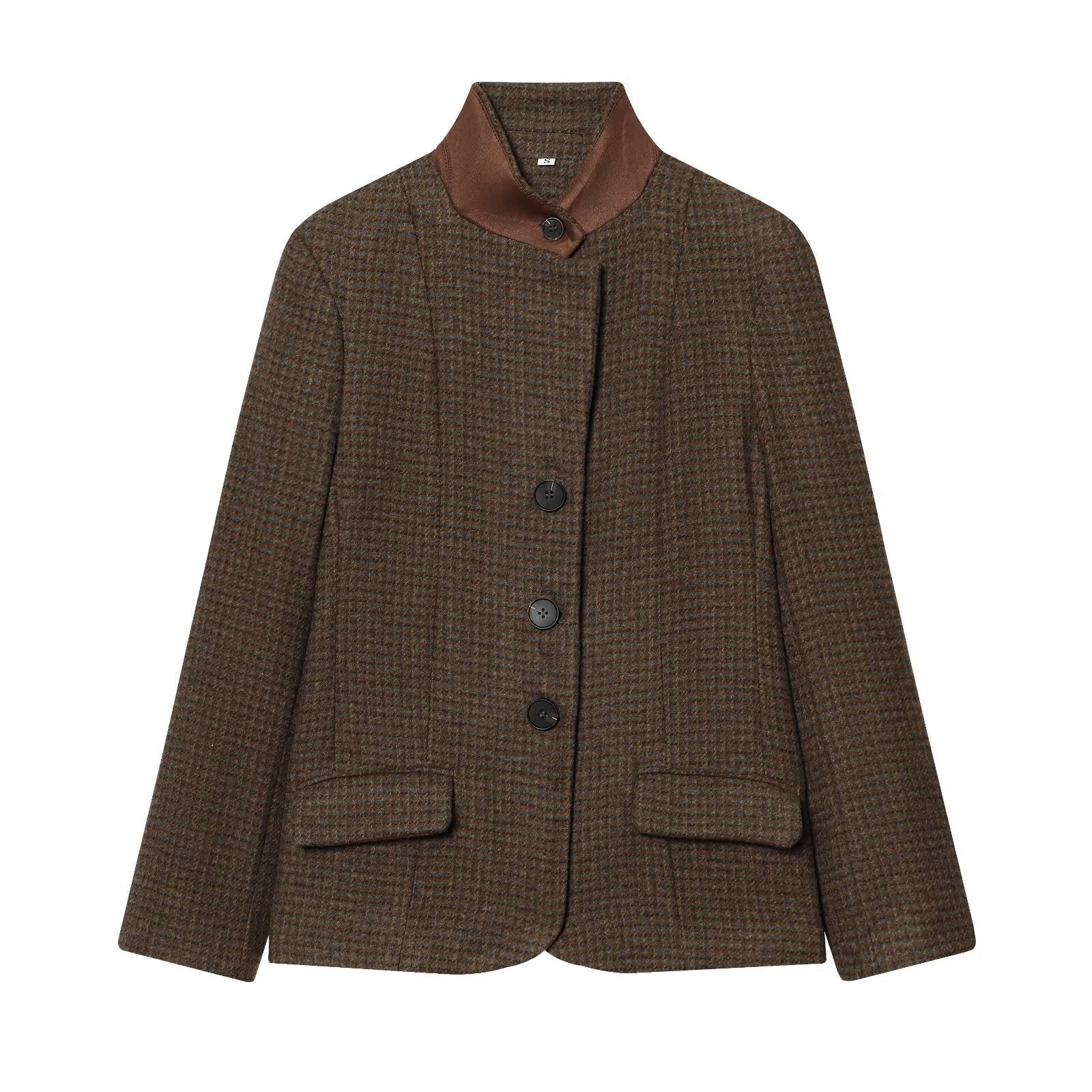Women Short Tweed Blazer with Standing Collar, Button Placket and Flap Pockets Chichicherry