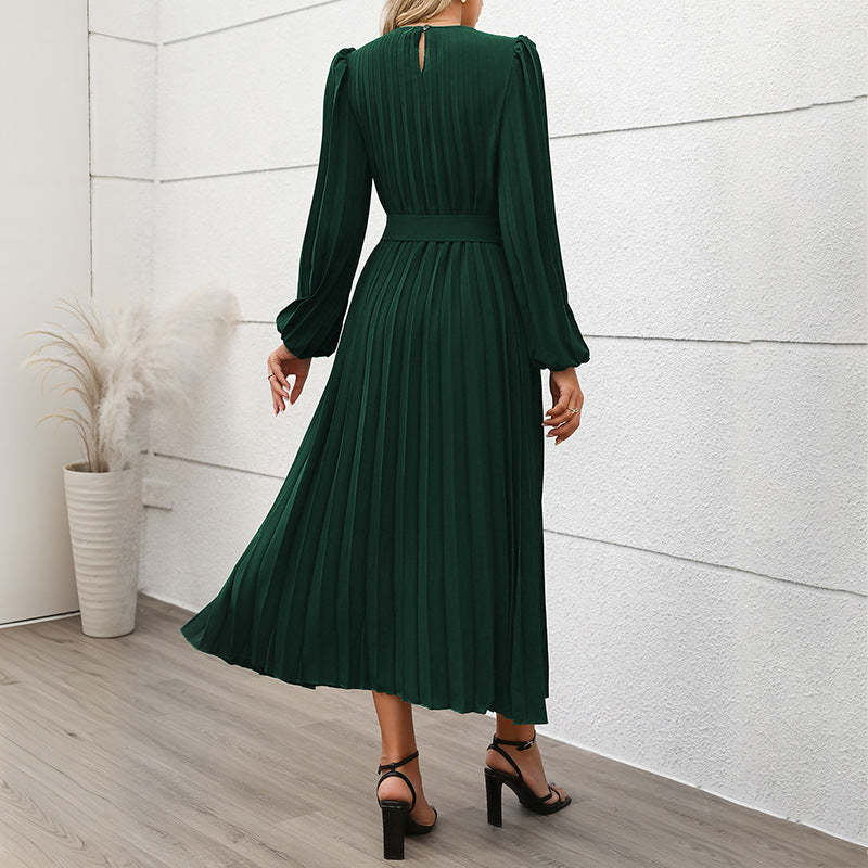 Women's Pleated Midi Dress with Waist Belt, Long Puff Sleeves and Side Slit Chichicherry