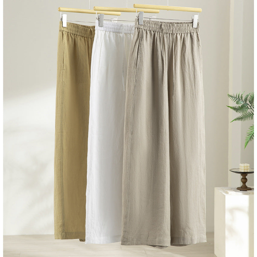 Women's wide linen look trousers with high elastic waistband and flowing wide leg silhouette Chichicherry