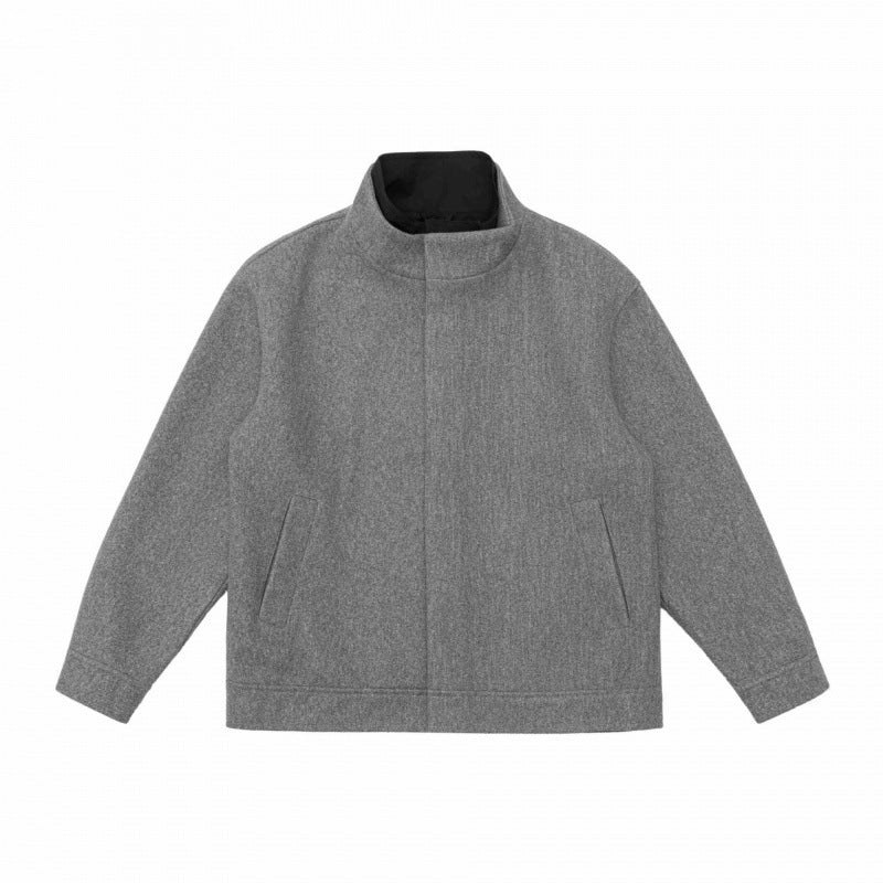 Men's short cut wool blend blouson jacket with standing collar, concealed button placket and simple silhouette Chichicherry