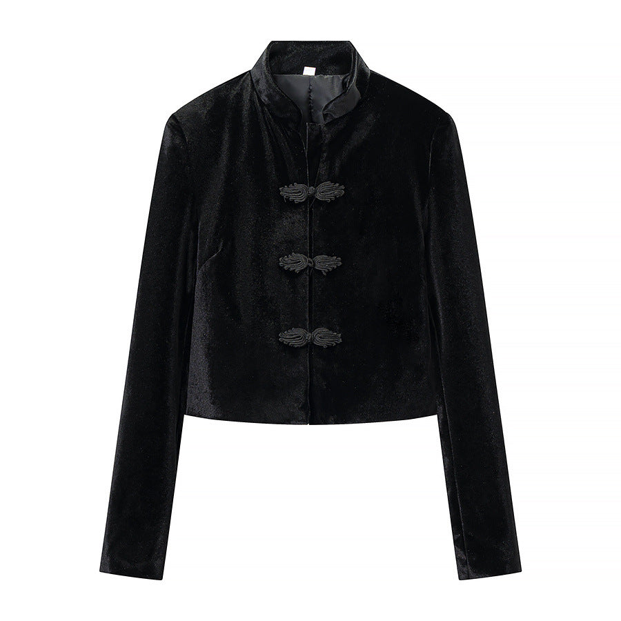Women's Cropped Jacket in Mandarin Style with Stand Collar and Decorative Knot Closures Chichicherry
