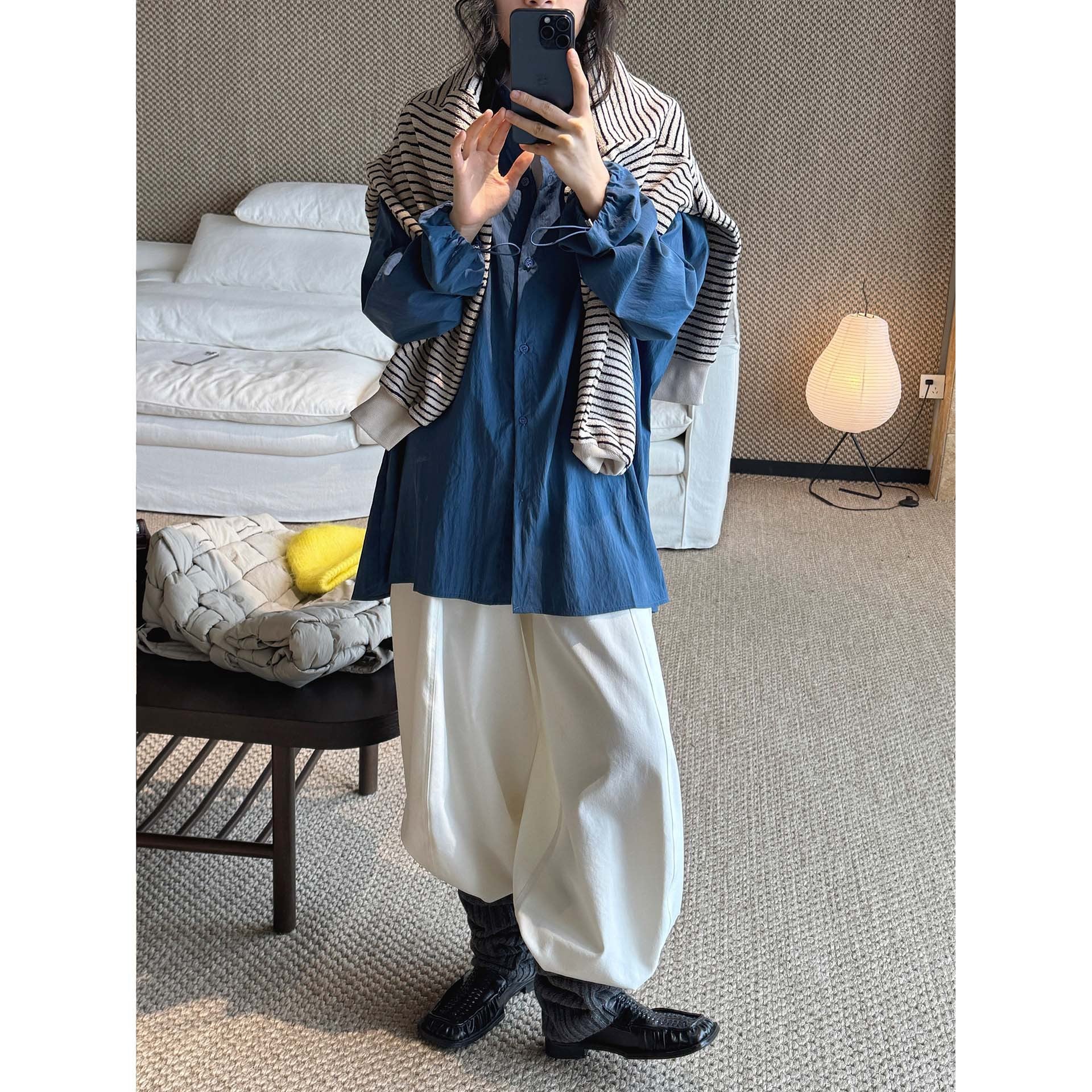 Women Oversized Shirt Blouse with Crinkle Look and Elastic Sleeve Cuffs Chichicherry