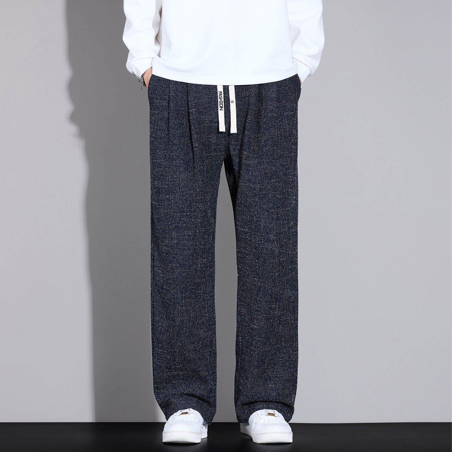 Men's Loose Lightweight Trousers with Pleats, Drawstring and Side Design Stripe Chichicherry