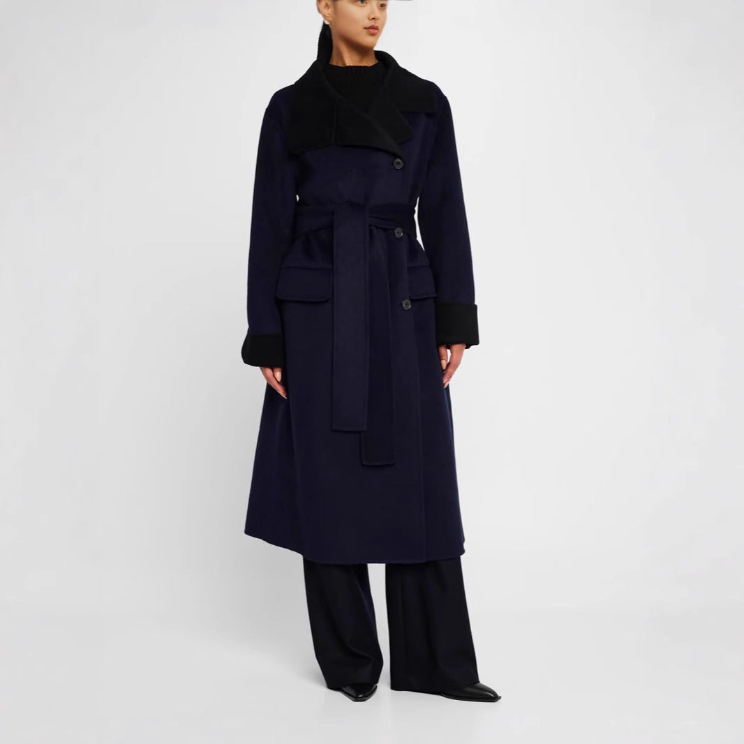 Women's tailored wool blend coat with tie belt, contrast lapel and flap pockets Chichicherry