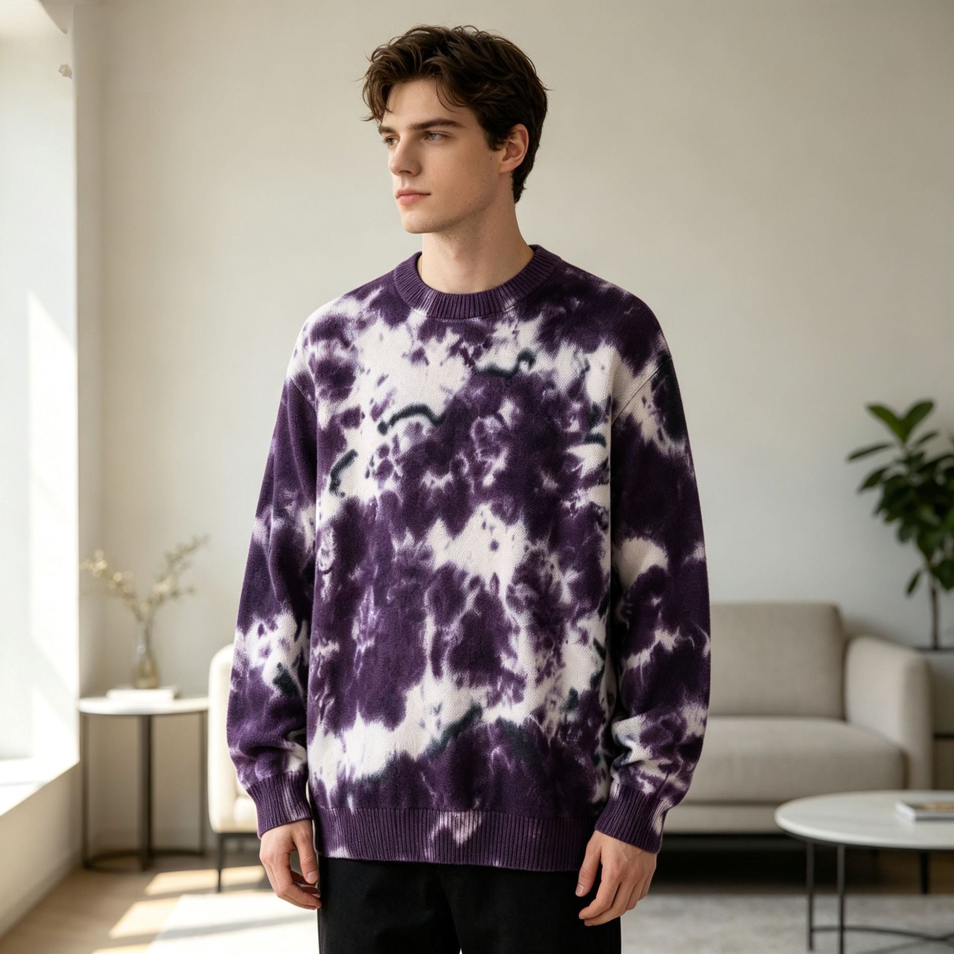 Herren Oversized Batik-Pullover mit Rundhalsausschnitt und Rippbündchen Chichicherry