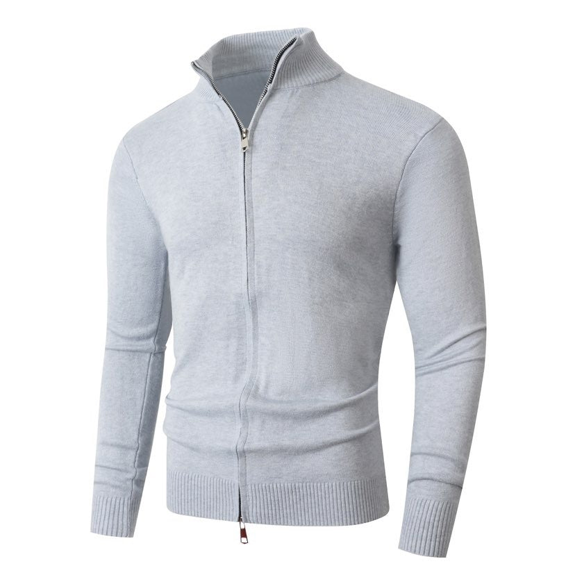 Men's Slim Fit Fine Knit Cardigan with Double Zipper and Stand Collar Chichicherry