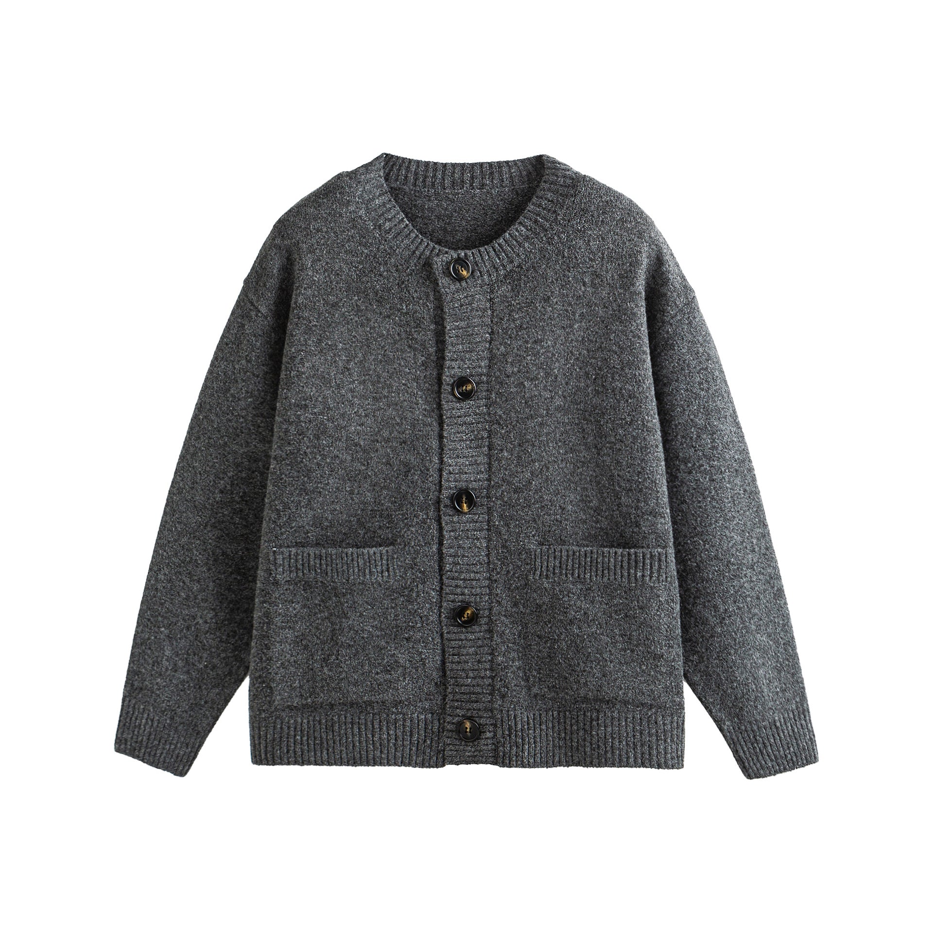 Unisex Chunky Knit Boxy Cardigan with Button Placket, Round Neck and Patch Pockets Chichicherry