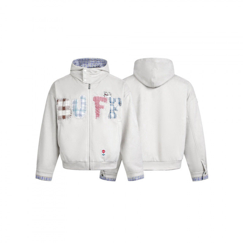 Men's Hooded Fleece Jacket with Checkered Lined Collar and Quilted Logo Applications Chichicherry