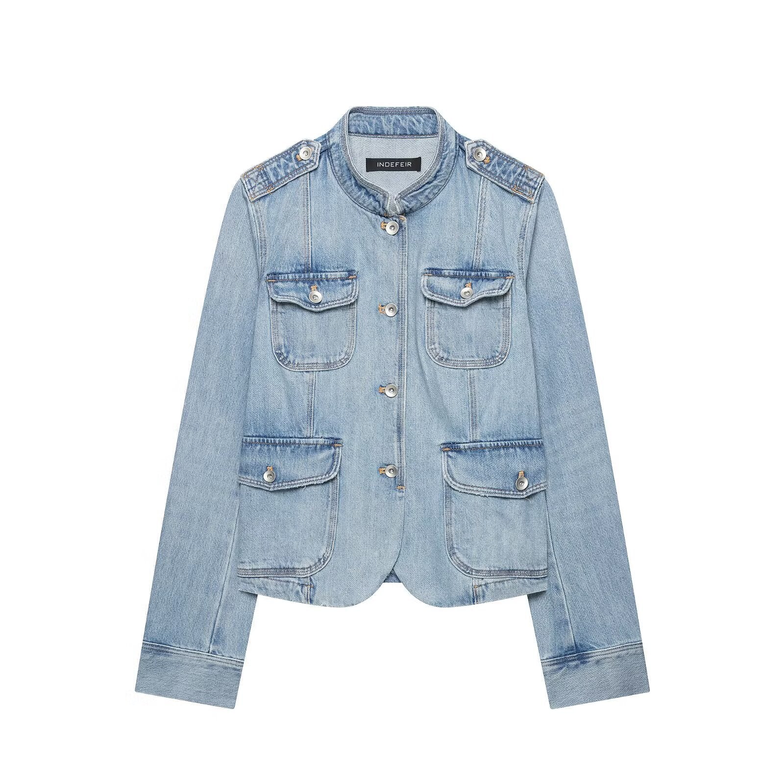 Women's jeans field jacket with stand-up collar, shoulder patches, and four flap pockets Chichicherry