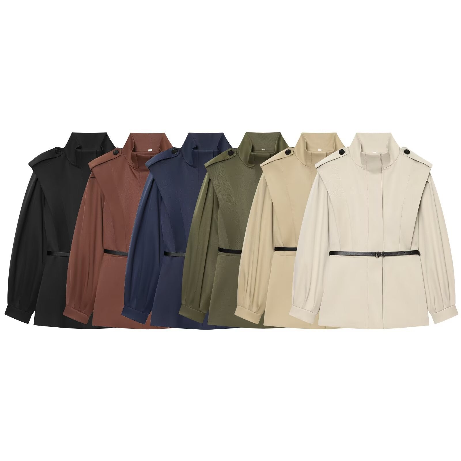 Women Short Cape Trench with High Funnel Collar and Waist Belt Chichicherry