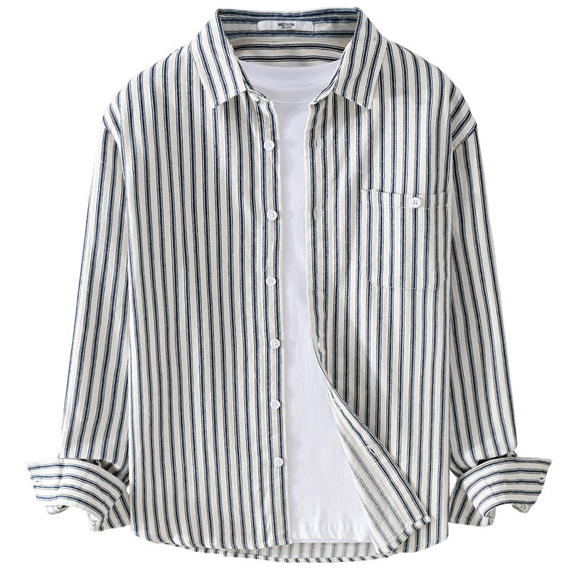 Men's Lightweight Striped Layering Overshirt made of Linen-Cotton Mix with Chest Pocket and Rounded Hem Chichicherry