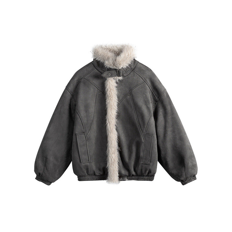 Women's short-cut bomber jacket in lambskin look with high stand-up collar and faux fur trim Chichicherry