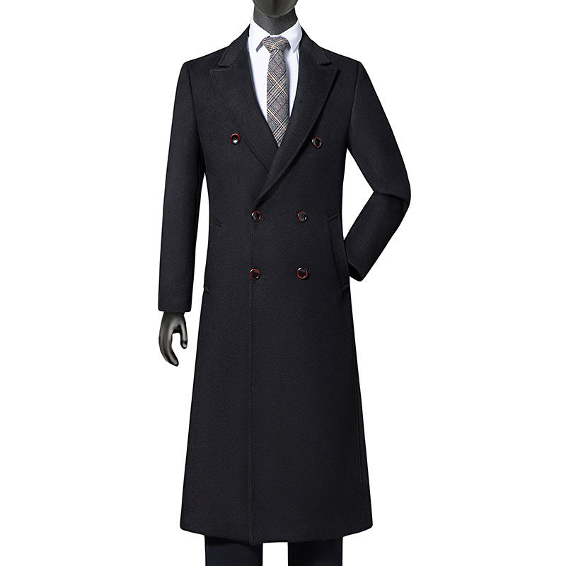 Men's Double-Breasted Long Wool Coat with Notched Lapel Chichicherry