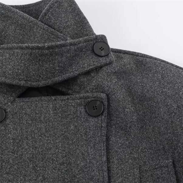 Men's short double-breasted wool coat with stand collar and waist belt Chichicherry