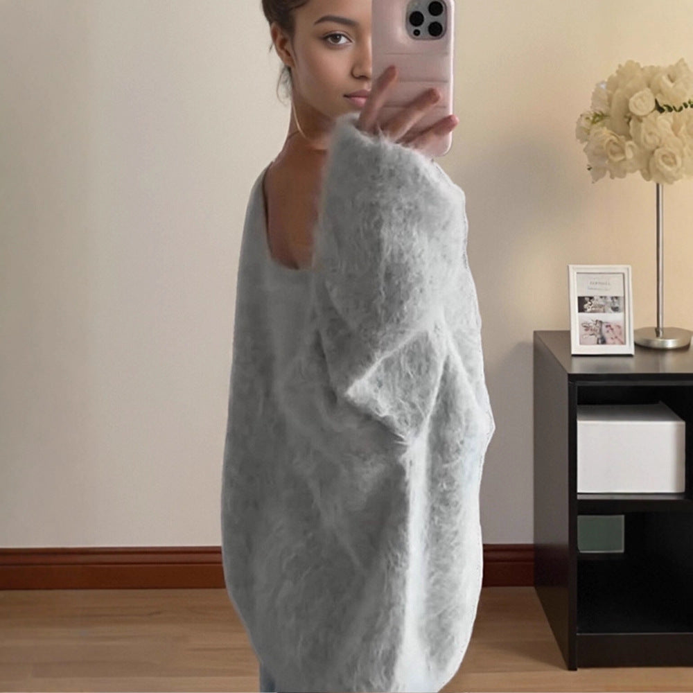 Women Oversize Mohair Blend Off-Shoulder Sweater with Balloon Sleeves Chichicherry