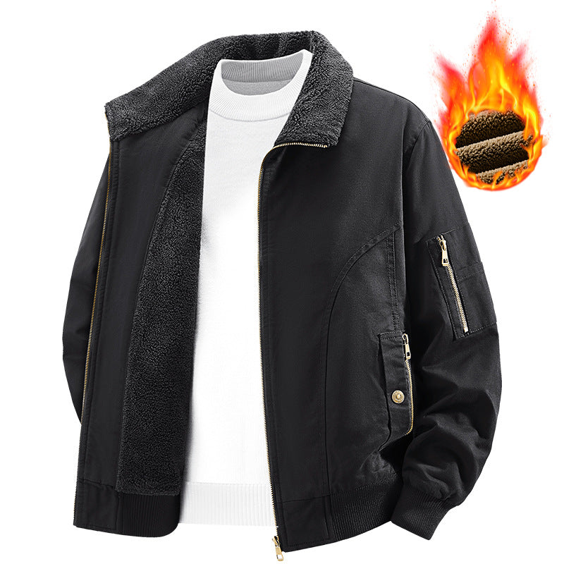 Men's Thermal Bomber Jacket in Vintage Style with Teddy Plush Lining and Multiple Pockets Chichicherry