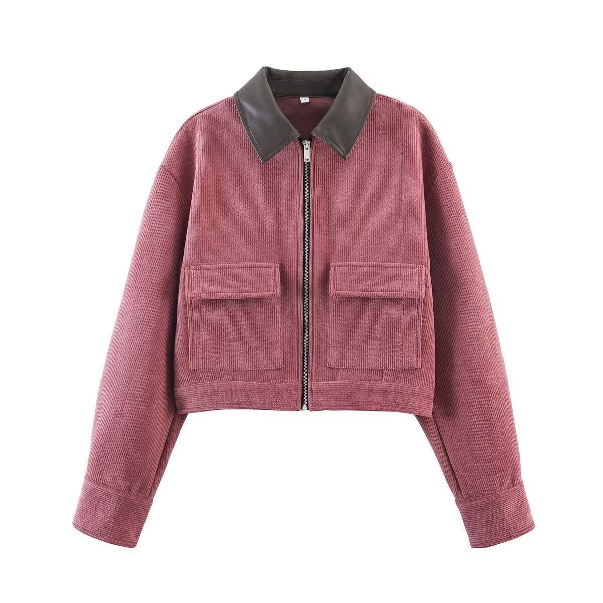 Women's Short Cord Jacket in Blouson Style with Leather Collar and Flap Pockets Chichicherry