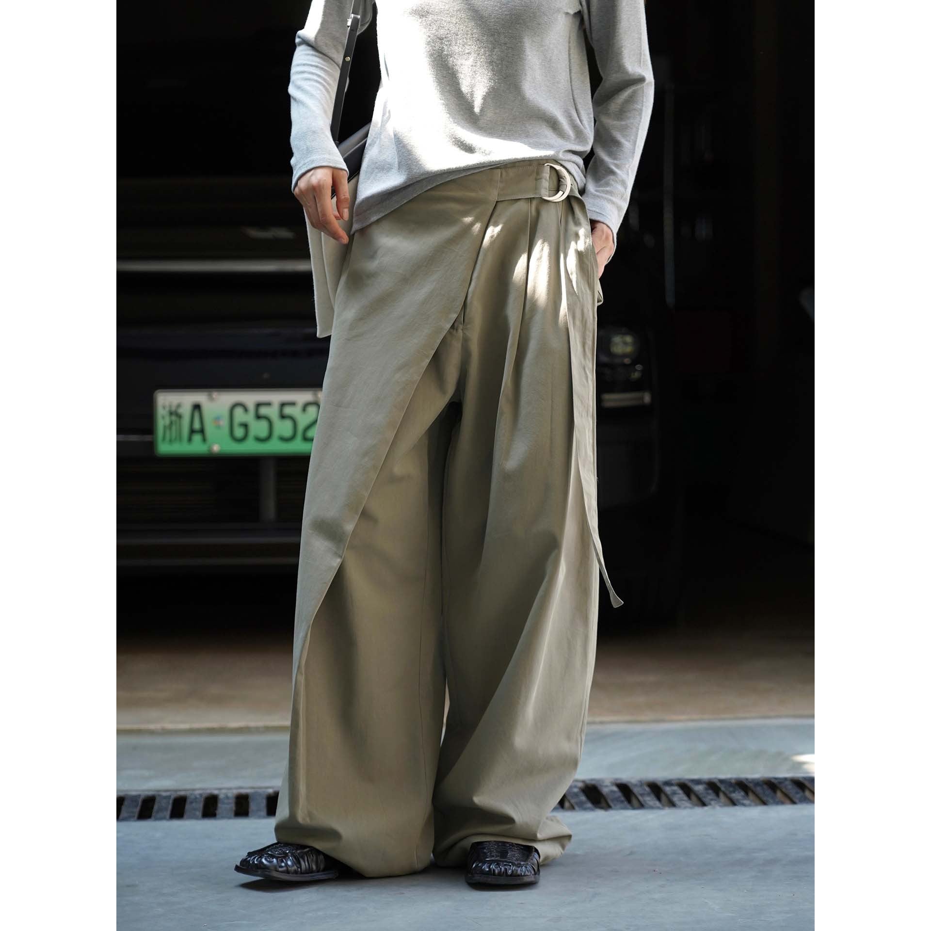 Women Wide Wrap Pants with D-Ring Waistband and Pleated Detail Chichicherry