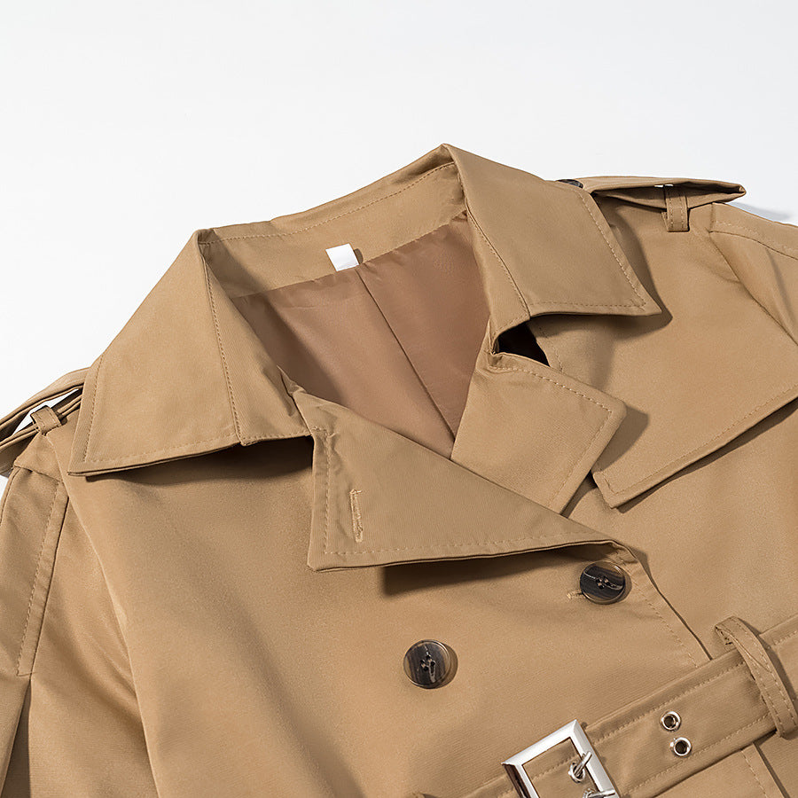 Women's Long Double-Breasted Trench Coat with Tailored Double Belt, Balloon Sleeves and Epaulettes Chichicherry