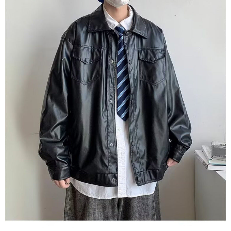 Herren Oversized Kunstleder-Hemdenjacke im Boxy-Look mit Pattentaschen und Druckknopfleiste Chichicherry