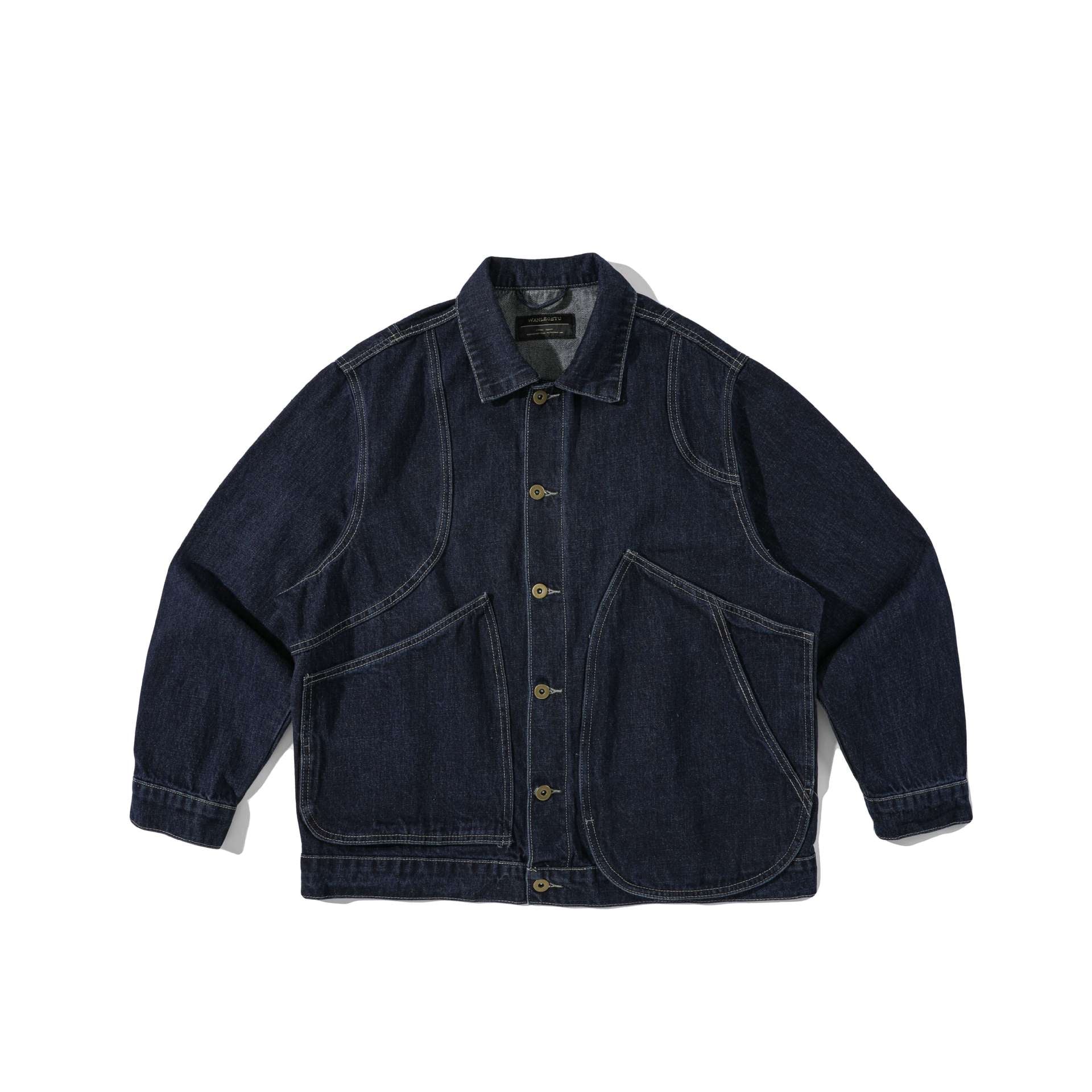 Unisex Boxy Denim Jacket in Workwear Style with Distinctive Round Pockets Chichicherry
