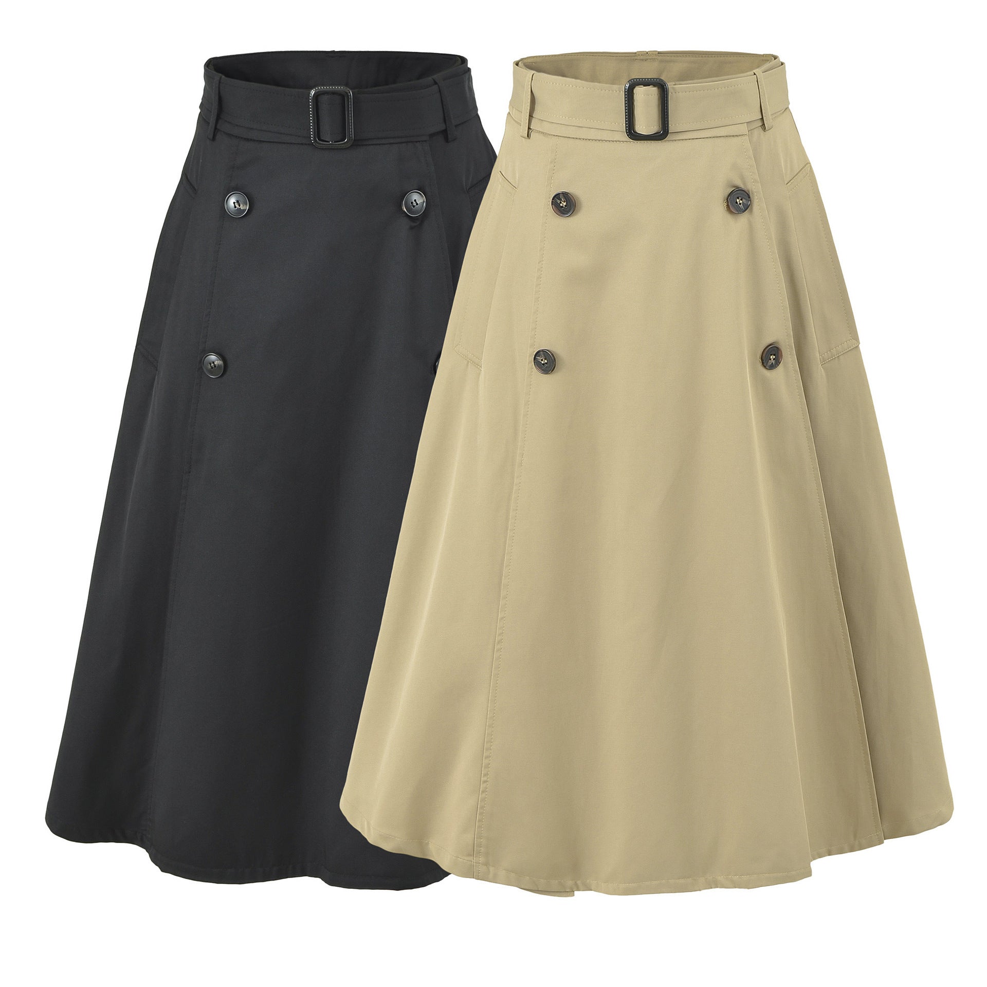 Women's A-Line Trench Skirt with Waist Belt and Decorative Button Placket Chichicherry