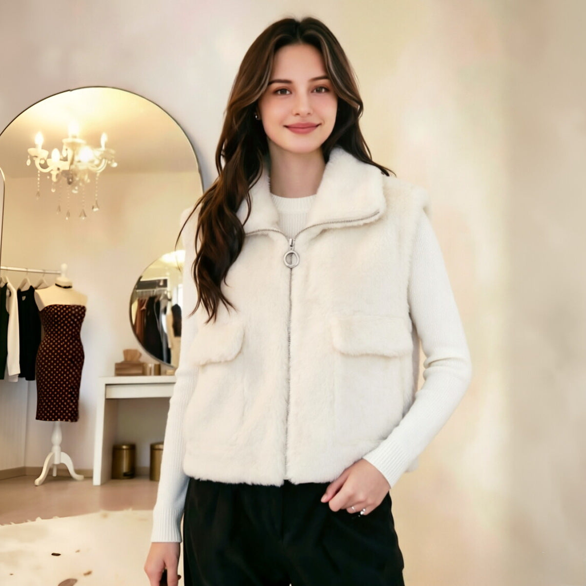 Women's Sleeveless Faux Fur Vest with Stand-up Collar, Zipper and Flap Pockets Chichicherry