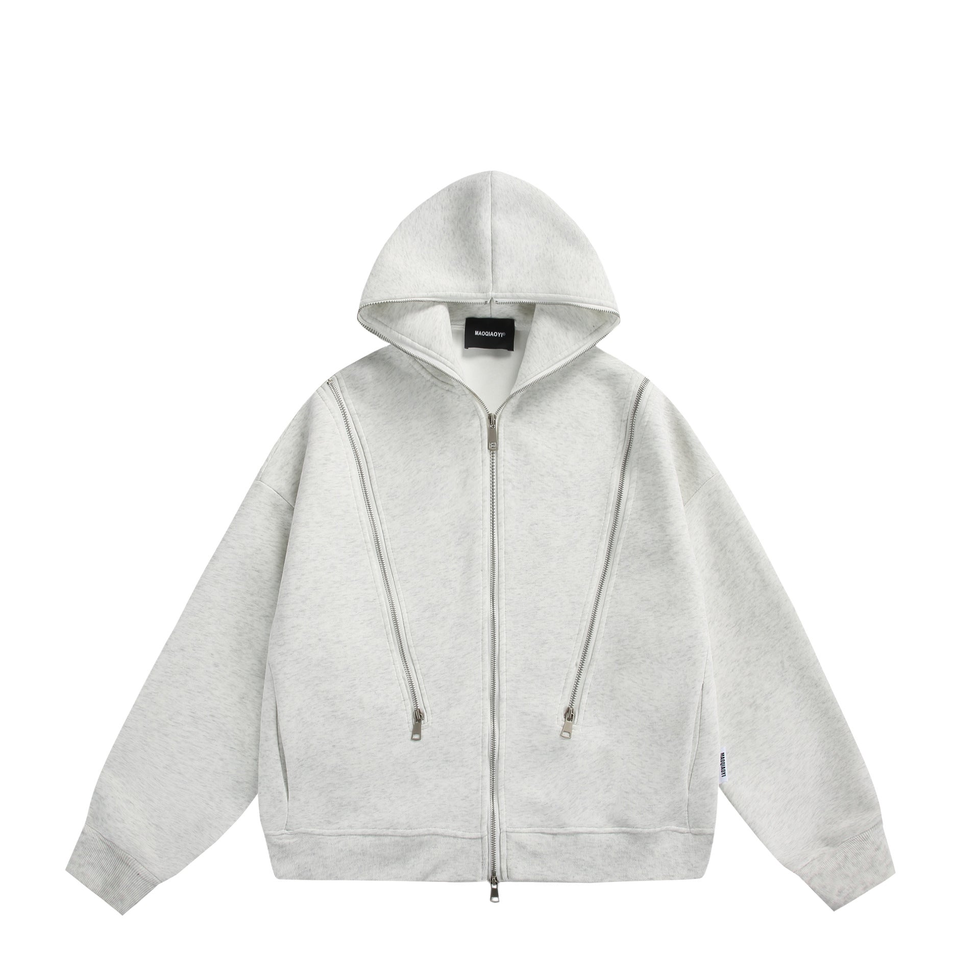 Unisex Hooded Sweat Jacket with Double Zipper and Decorative Seam Panel Chichicherry