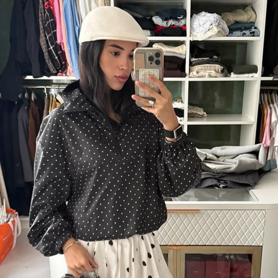 Women's Lightweight Polka Dot Half-Zip Transitional Jacket with Stand-Up Collar and Drawstring Chichicherry