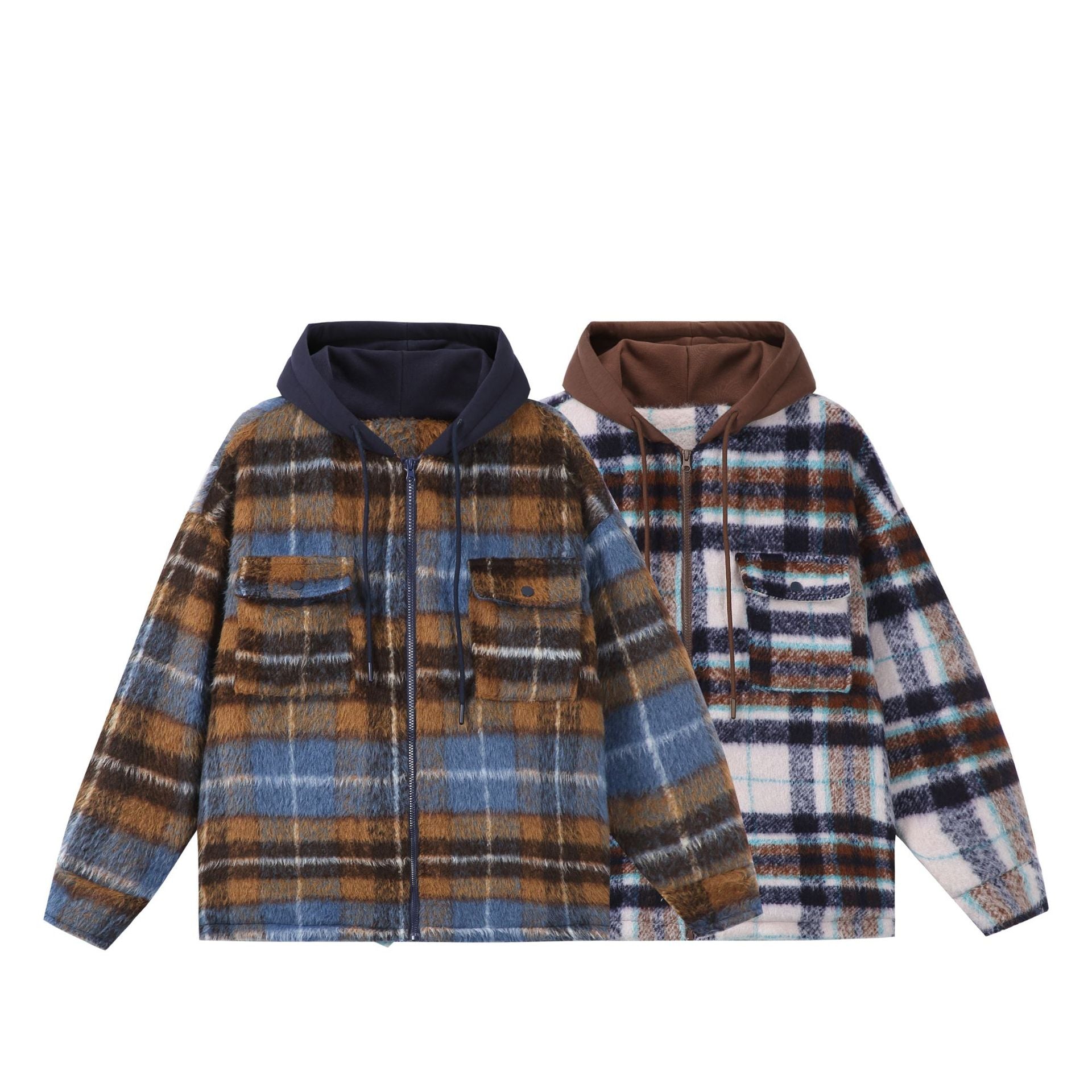 Unisex short cut plaid faux fur jacket with hood and zipper Chichicherry