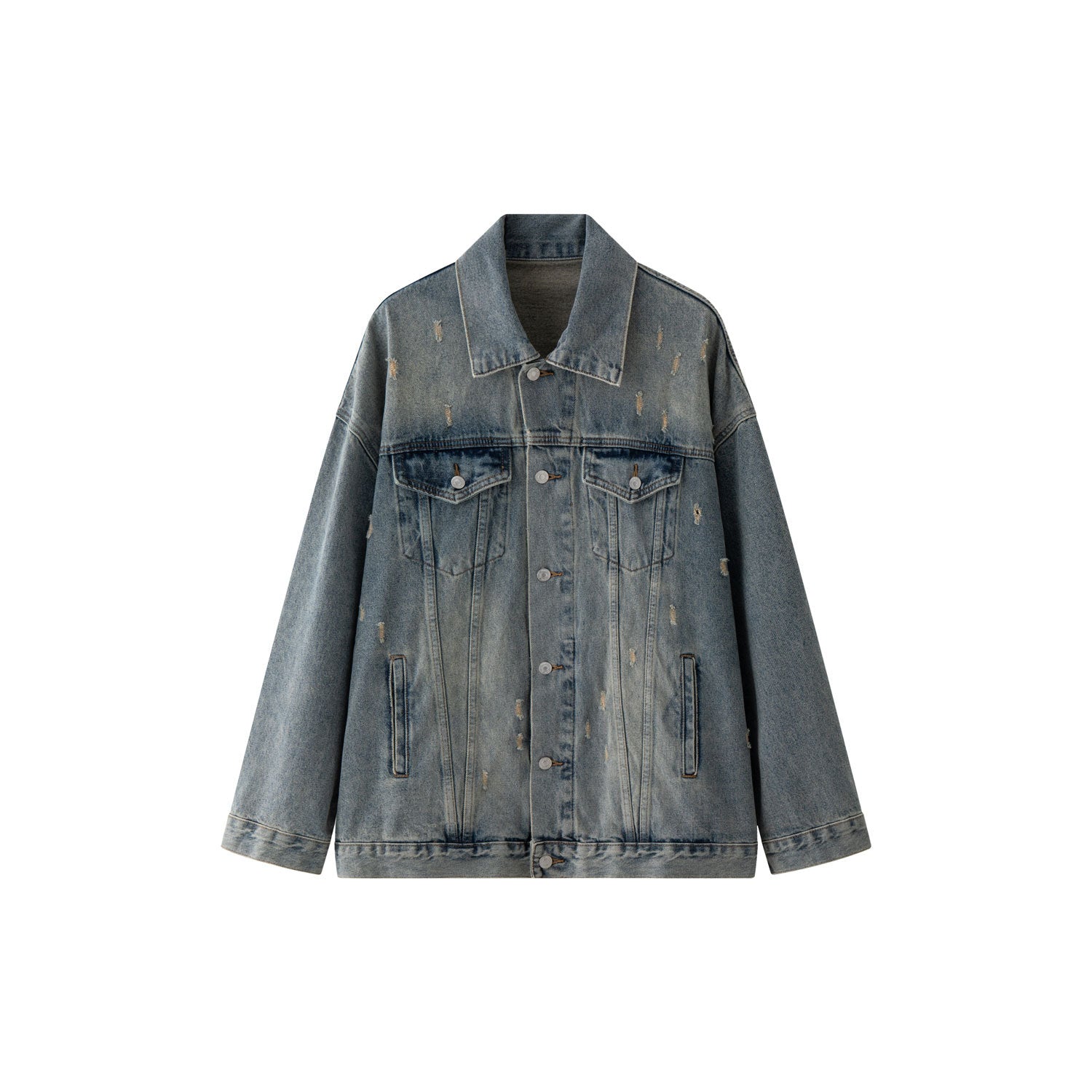 Women's Oversized Vintage-Inspired Denim Jacket with Distressed Details and Dropped Shoulder Chichicherry