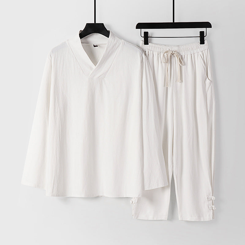 Men's Loose Loungewear Set with V-Notch Stand Collar and Drawstring Pants Chichicherry