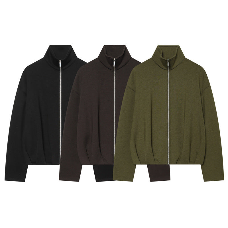 Women Boxy Cropped Stand Collar Cardigan with Full Zip and Dropped Shoulder Chichicherry