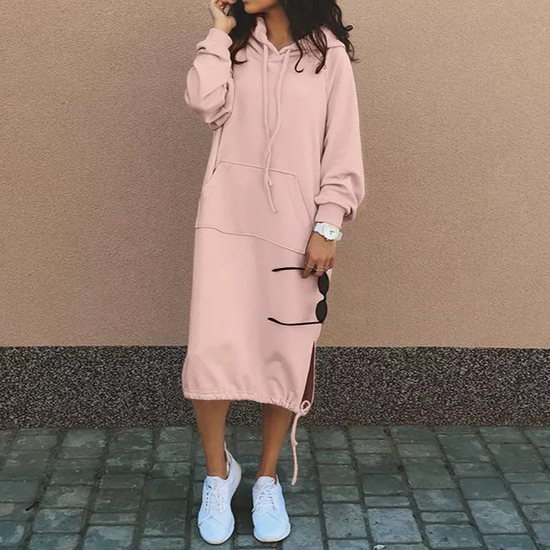 Women's Oversize Hoodie-Midi Dress with Drawstring Hem and Side Slit Details Chichicherry