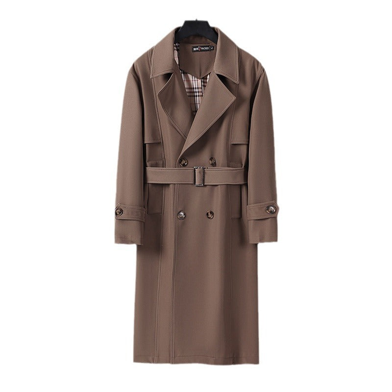 Men's Midi Length Double Breasted Trench Coat with Waist Belt, Notched Lapel and Checked Lining Chichicherry